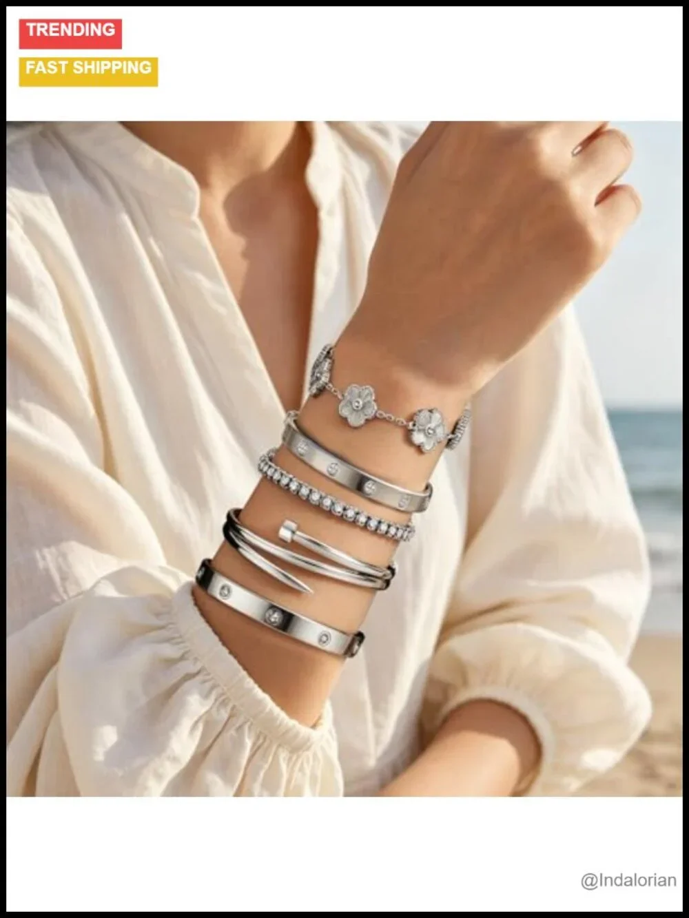 Stackable Stainless Steel Sterling Silver Bangle Bracelet Sets for Women